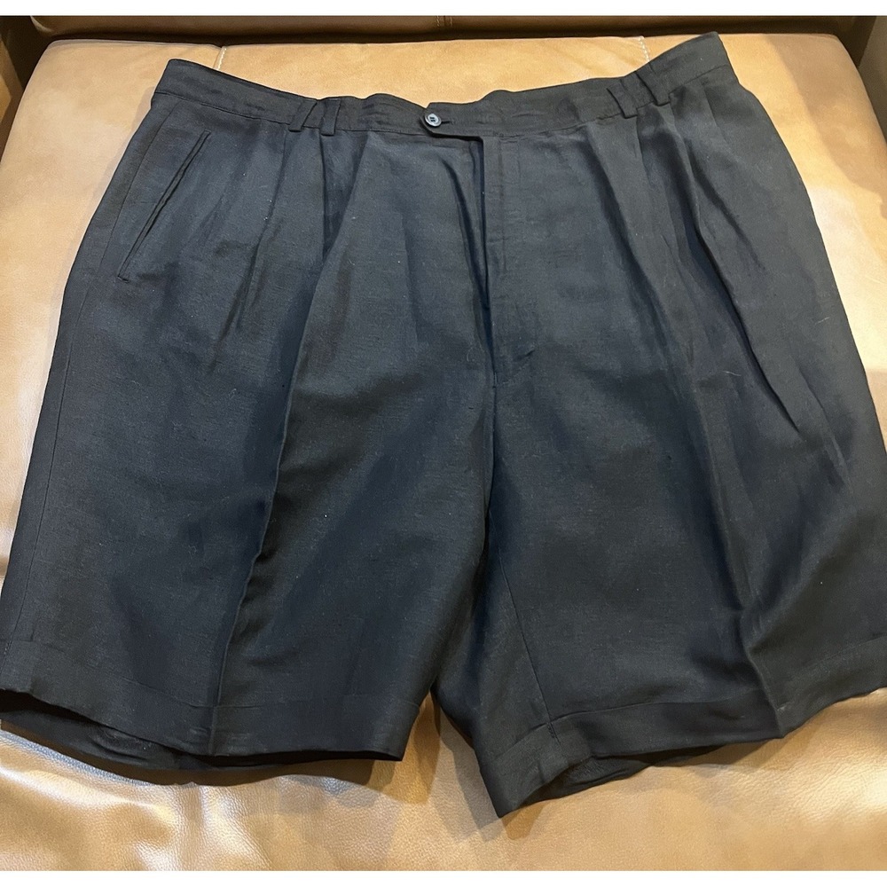 Braggi by Louis Raphael Black Linen Blend Shorts Mens 42 Pleated Classic Golf